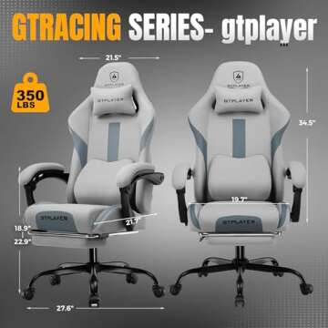 GTRACING Gaming Chair Ergonomic Office Chair with Foot Rest & Pocket Spring Cushion, High Back Computer Desk Chair with Headrest & Lumbar Support, Breathable Fabric Game Chair for Adults, Gray