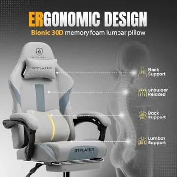 GTRACING Gaming Chair Ergonomic Office Chair with Foot Rest & Pocket Spring Cushion, High Back Computer Desk Chair with Headrest & Lumbar Support, Breathable Fabric Game Chair for Adults, Gray