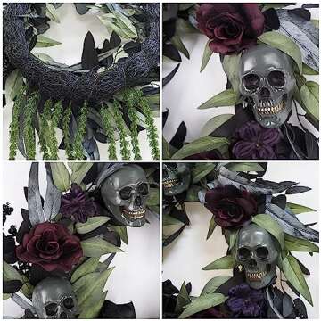 FLOROAD 24 inch Halloween Wreath for Front Door, Large Gothic Flower Skull Outdoor Wreath with Artificial Skull Willow Leaf Rose Hydrangea Berry, Elegant Halloween Decoration for Door