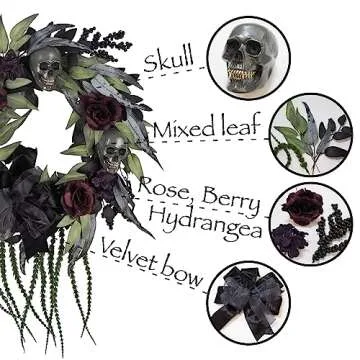 FLOROAD 24 inch Halloween Wreath for Front Door, Large Gothic Flower Skull Outdoor Wreath with Artificial Skull Willow Leaf Rose Hydrangea Berry, Elegant Halloween Decoration for Door