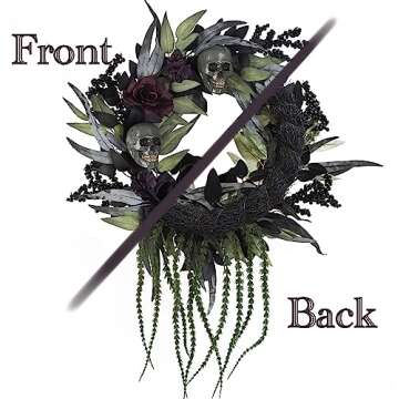 FLOROAD 24 inch Halloween Wreath for Front Door, Large Gothic Flower Skull Outdoor Wreath with Artificial Skull Willow Leaf Rose Hydrangea Berry, Elegant Halloween Decoration for Door