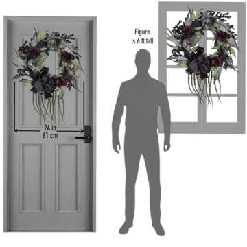 FLOROAD 24 inch Halloween Wreath for Front Door, Large Gothic Flower Skull Outdoor Wreath with Artificial Skull Willow Leaf Rose Hydrangea Berry, Elegant Halloween Decoration for Door