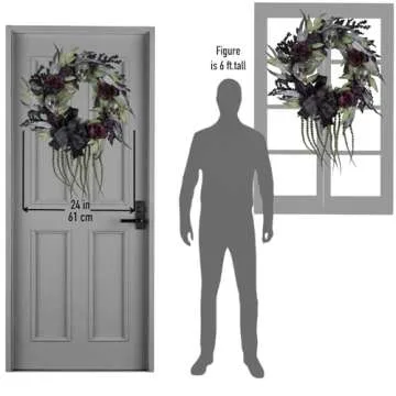 FLOROAD 24 inch Halloween Wreath for Front Door, Large Gothic Flower Skull Outdoor Wreath with Artificial Skull Willow Leaf Rose Hydrangea Berry, Elegant Halloween Decoration for Door