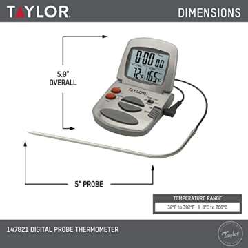 Taylor Programmable with Timer Instant Read Wired Probe Digital, Meat, Food, Grill BBQ Cooking Kitch...