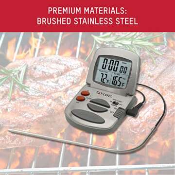 Taylor Programmable with Timer Instant Read Wired Probe Digital, Meat, Food, Grill BBQ Cooking Kitchen Thermometer, Stainless Steel