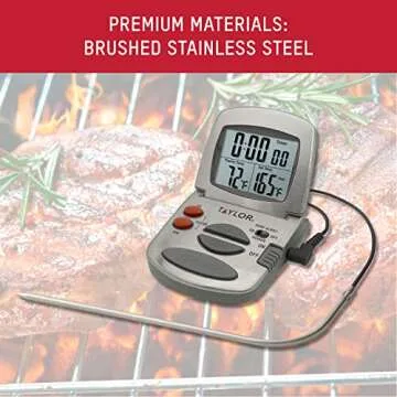 Taylor Programmable with Timer Instant Read Wired Probe Digital, Meat, Food, Grill BBQ Cooking Kitchen Thermometer, Stainless Steel