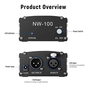 Neewer 1-Channel 48V Phantom Power Supply with Adapter, BONUS+XLR 3 Pin Microphone Cable for Any Condenser Microphone Music Recording Equipment (8 feet)