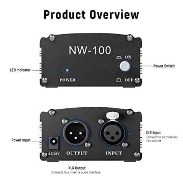 Neewer 1-Channel 48V Phantom Power Supply with Adapter, BONUS+XLR 3 Pin Microphone Cable for Any Condenser Microphone Music Recording Equipment (8 feet)