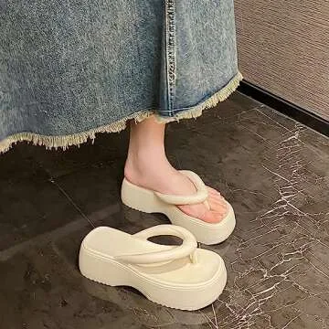 No.6 JCZJANA Women's Platform Flip Flops, Casual Wedges Sandals With Arch Support, Summer Chunky Heeled Slides, Beach Thong Slippers 9