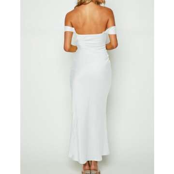 Realtix Elegant Satin Off The Shoulder Ruched Backless Maxi Dress for Women Strapless Tube Sleeveless Fitted Bridesmaid Dress White