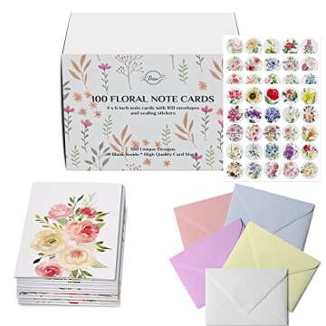 Dessie 100 Floral Blank Note Cards and Envelopes - 100 Unique Designs with Pastel Envelopes