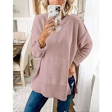 MEROKEETY Women's 2024 Fall Casual Crew Neck Side Split Pullover Sweater - Cozy & Chic in Pink