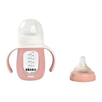 BEABA 2-in-1 Glass Baby Bottle to Glass Transition Sippy Cup, Spill Proof Sippy Cup, Toddler Baby Bottle with Soft Silicone Nipple and Spout, 7 oz (Rose)