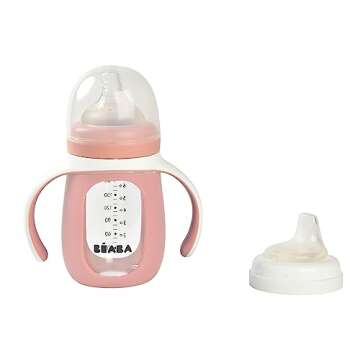 BEABA 2-in-1 Glass Baby Bottle to Glass Transition Sippy Cup, Spill Proof Sippy Cup, Toddler Baby Bottle with Soft Silicone Nipple and Spout, 7 oz (Rose)
