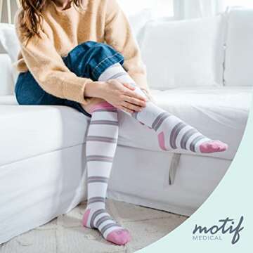 Motif Medical, Women's Printed Knee High Compression Socks, Maternity and Postpartum Compression Clothing - Gray and Pink Stripes, Medium