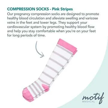 Motif Medical, Women's Printed Knee High Compression Socks, Maternity and Postpartum Compression Clothing - Gray and Pink Stripes, Medium