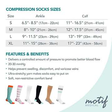 Motif Medical, Women's Printed Knee High Compression Socks, Maternity and Postpartum Compression Clothing - Gray and Pink Stripes, Medium