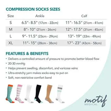 Motif Medical, Women's Printed Knee High Compression Socks, Maternity and Postpartum Compression Clothing - Gray and Pink Stripes, Medium