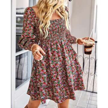 BTFBM Women Square Neck Smocked Dresses 2024 Summer Fall Long Sleeve Floral Swiss Dot Ruffle Party Mini Boho Dress(Floral Red Pink, X-Large)