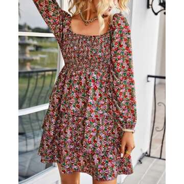 BTFBM Women Square Neck Smocked Dresses 2024 Summer Fall Long Sleeve Floral Swiss Dot Ruffle Party Mini Boho Dress(Floral Red Pink, X-Large)