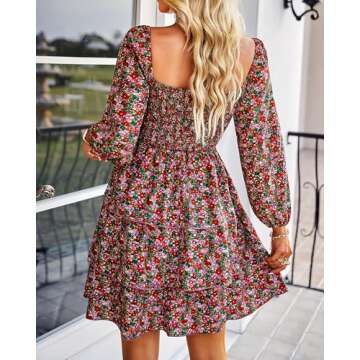 BTFBM Women Square Neck Smocked Dresses 2024 Summer Fall Long Sleeve Floral Swiss Dot Ruffle Party Mini Boho Dress(Floral Red Pink, X-Large)