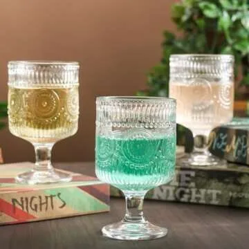 Ymyaye Vintage Wine Glasses Set of 4, 8 oz Goblet Glasses Cocktail Glasses for Beverages, Wine glass Water Globlets for Party, Restaurants, Bar, Wedding, Dinner (Sunflower*4)