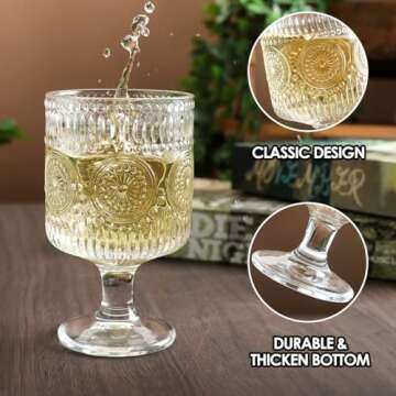 Ymyaye Vintage Wine Glasses Set of 4, 8 oz Goblet Glasses Cocktail Glasses for Beverages, Wine glass Water Globlets for Party, Restaurants, Bar, Wedding, Dinner (Sunflower*4)