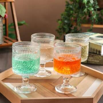 Ymyaye Vintage Wine Glasses Set of 4, 8 oz Goblet Glasses Cocktail Glasses for Beverages, Wine glass Water Globlets for Party, Restaurants, Bar, Wedding, Dinner (Sunflower*4)