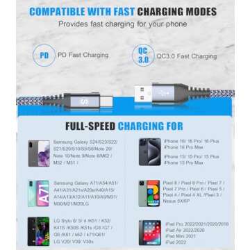sweguard USB Type C Charger Cable [3-Pack,10ft+6.6ft+3.3ft] iPhone 15 Charger Nylon Braided Cord for iPhone 15 Pro Max Samsung Galaxy S23 S22 S21 S20 S10 S9 Note 20 10 Flip A53 A54 Pixel LG Moto PS5