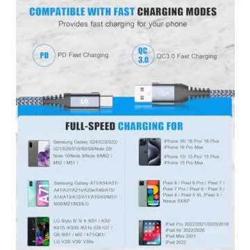 sweguard USB Type C Charger Cable [3-Pack,10ft+6.6ft+3.3ft] iPhone 15 Charger Nylon Braided Cord for iPhone 15 Pro Max Samsung Galaxy S23 S22 S21 S20 S10 S9 Note 20 10 Flip A53 A54 Pixel LG Moto PS5