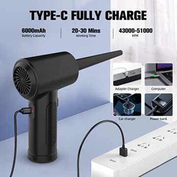 FFG Cordless Compressed Air Duster with LED Light - Portable and Powerful with 6000mAh Rechargeable Battery, 43000RPM-51000RPM for Quick and Efficient Computer and Keyboard Cleaning