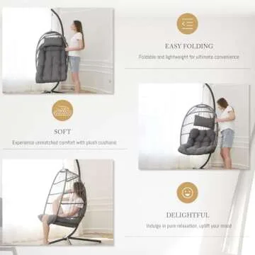 BULEXYARD Swing Egg Chair with Stand Indoor Outdoor Wicker Rattan Patio Basket Hanging Chair with UV Resistant Cushions 350lbs Capacity for Bedroom Balcony Patio (1 Seat, Dark Grey)