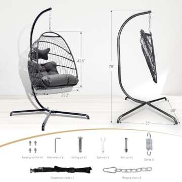 BULEXYARD Swing Egg Chair with Stand Indoor Outdoor Wicker Rattan Patio Basket Hanging Chair with UV Resistant Cushions 350lbs Capacity for Bedroom Balcony Patio (1 Seat, Dark Grey)