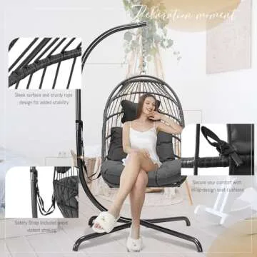 BULEXYARD Swing Egg Chair with Stand Indoor Outdoor Wicker Rattan Patio Basket Hanging Chair with UV Resistant Cushions 350lbs Capacity for Bedroom Balcony Patio (1 Seat, Dark Grey)