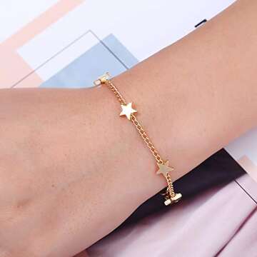 QIAN0813 Women Girls Bangle Simple Gold Filled Chic Heart Trendy Five Stars Fine Chain Bracelet Cuff Jewelry Party Love Bracelet (Star)