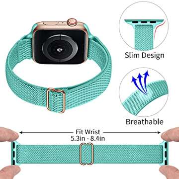 SICCIDEN Slim Stretchy Bands Compatible with Apple Watch Band 42mm 41mm 40mm 38mm, Women Elastics Nylon Thin Strap for iWatch SE2 SE Series 10 9 8 7 6 5 4 3 2 1 (Turquoise/Rose Gold)