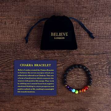 Believe London Chakra Bracelet with Meaning Card & Jewelry Bag - Adjustable Natural Stone Healing Br...