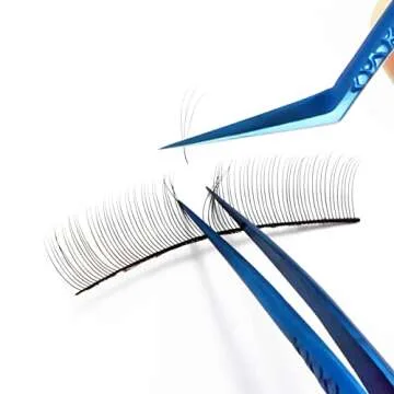 FEITA Diamond Grip Eyelash Extensions Tweezer Lash Precision Tweezers, Japanese Steel Dolphin-shaped & Angled Tip, False Lashes Application Tools, Blue 2Pcs