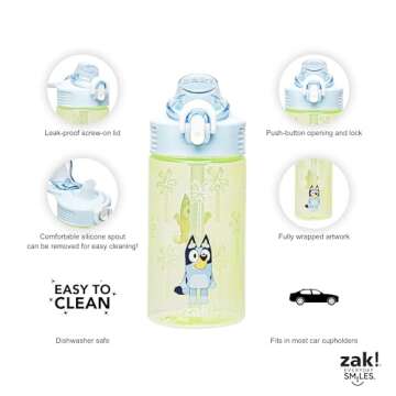 Zak Designs Sage Bluey Kids Water Bottle For School or Travel, 16oz Durable Plastic Water Bottle With Straw, Handle, and Leak-Proof, Pop-Up Spout Cover (Bluey & Bingo)