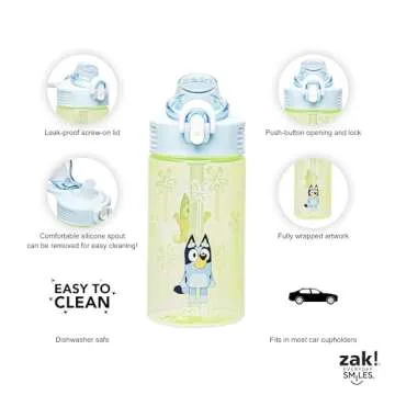 Zak Designs Sage Bluey Kids Water Bottle For School or Travel, 16oz Durable Plastic Water Bottle With Straw, Handle, and Leak-Proof, Pop-Up Spout Cover (Bluey & Bingo)