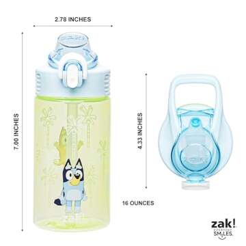 Zak Designs Sage Bluey Kids Water Bottle For School or Travel, 16oz Durable Plastic Water Bottle With Straw, Handle, and Leak-Proof, Pop-Up Spout Cover (Bluey & Bingo)
