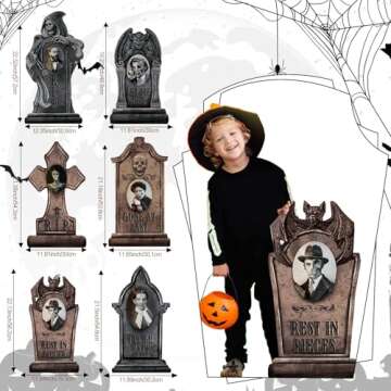 Hiboom 6 Pcs Halloween RIP Graveyard Tombstones with 6 Pcs 3D Changing Face Moving Picture Frame, 6 LED String Lights 23.6x15.7 Inch Large Halloween Tombstones Decoration for Yard Garden Lawn(Rock)