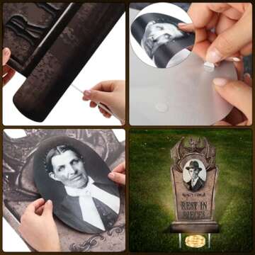 Hiboom 6 Pcs Halloween RIP Graveyard Tombstones with 6 Pcs 3D Changing Face Moving Picture Frame, 6 LED String Lights 23.6x15.7 Inch Large Halloween Tombstones Decoration for Yard Garden Lawn(Rock)