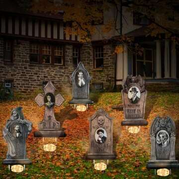 Hiboom 6 Pcs Halloween RIP Graveyard Tombstones with 6 Pcs 3D Changing Face Moving Picture Frame, 6 LED String Lights 23.6x15.7 Inch Large Halloween Tombstones Decoration for Yard Garden Lawn(Rock)