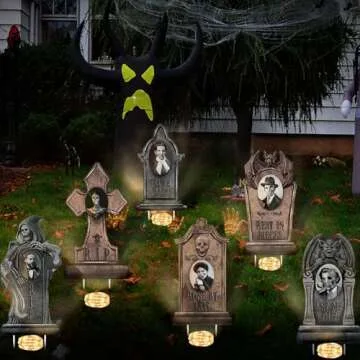 Hiboom 6 Pcs Halloween RIP Graveyard Tombstones with 6 Pcs 3D Changing Face Moving Picture Frame, 6 LED String Lights 23.6x15.7 Inch Large Halloween Tombstones Decoration for Yard Garden Lawn(Rock)