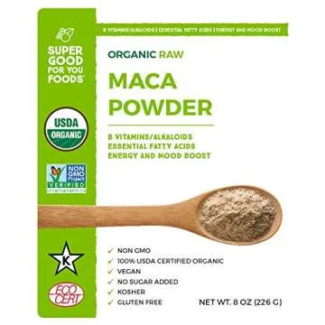 Super Good For You Foods Raw Maca Powder, Made in USA, USDA Certified Organic, Gluten-Free, Non-GMO, Vegan, No Sugar Added, Kosher, 8 oz
