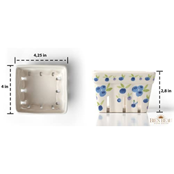 Farmhouse Ceramic Berry Basket, Colander, Farmers Market square Bowl. Rustic Kitchen decor fruit bowls, Fruit Baskets, Bleu White and Blueberry pattern Stoneware Harvest Bowls Set of 4 …