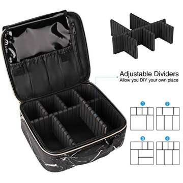Relavel Travel Makeup Train Case Makeup Cosmetic Case Organizer Portable Artist Storage Bag with Adjustable Dividers for Cosmetics Makeup Brushes Toiletry Jewelry Digital Accessories (Marble, Black)