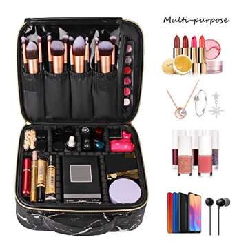 Relavel Travel Makeup Train Case Makeup Cosmetic Case Organizer Portable Artist Storage Bag with Adjustable Dividers for Cosmetics Makeup Brushes Toiletry Jewelry Digital Accessories (Marble, Black)