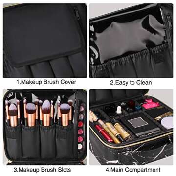 Relavel Travel Makeup Train Case Makeup Cosmetic Case Organizer Portable Artist Storage Bag with Adjustable Dividers for Cosmetics Makeup Brushes Toiletry Jewelry Digital Accessories (Marble, Black)
